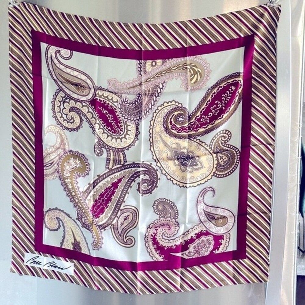 Vintage Bill Blass Paisley Print 100% Pure Silk Maroon Olive Green Gray Cream - Picture 1 of 6